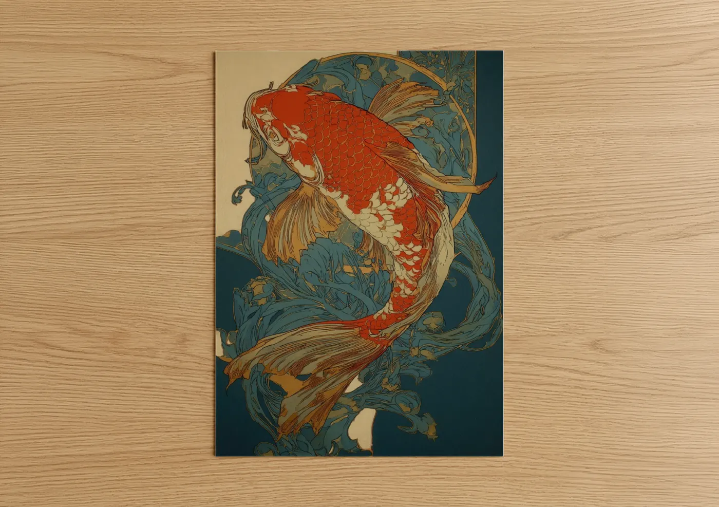 Koi fish art print on warm oak wood — red and teal palette — Crimson Koi poster