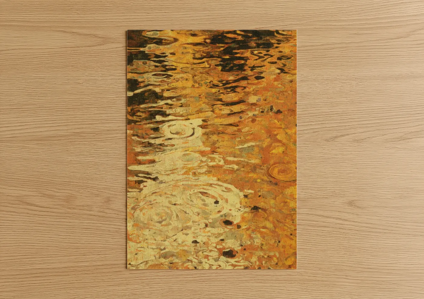 Art print on warm oak wood — gold and orange palette — Golden Wahoo poster
