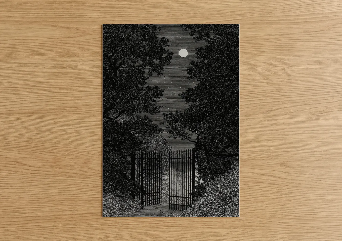 Moonlit Garden Gate Night Sky Wall Art
