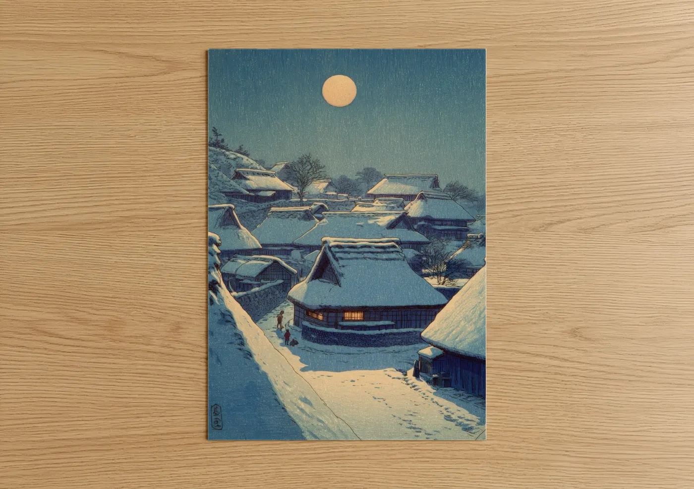 Snowy Village Moon Winter Landscape Wall Art
