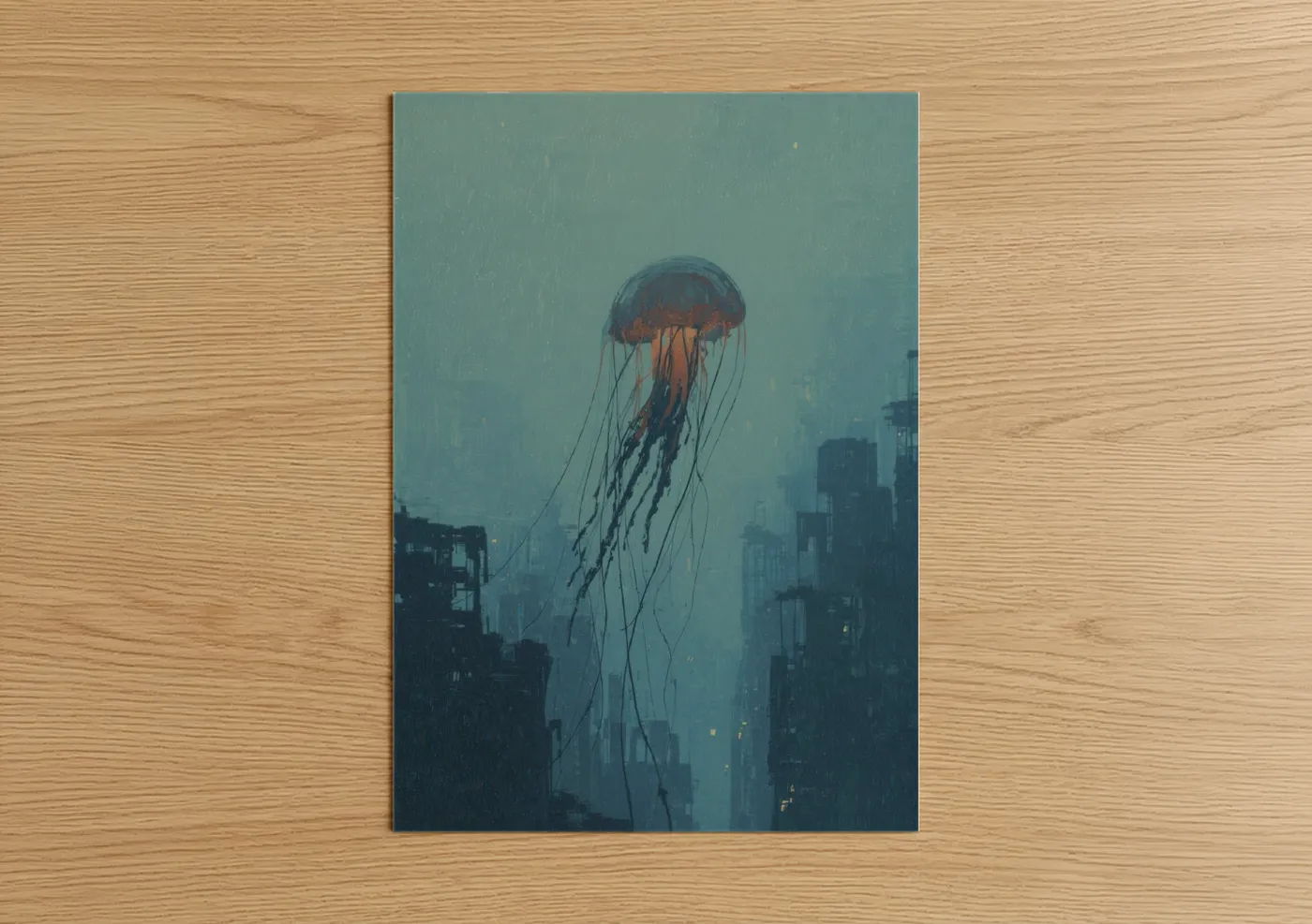 Crimson Jellyfish Urban Sci-Fi Wall Art