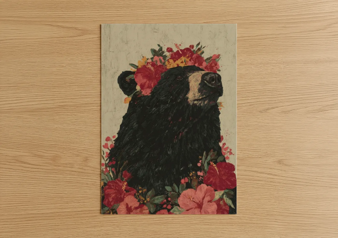 Art print on warm oak wood — red and black palette — Floral Sloth Bear poster