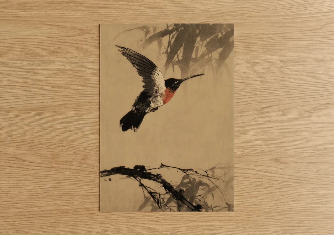Art print on warm oak wood — black and white and red palette — Ruby Hummingbird poster