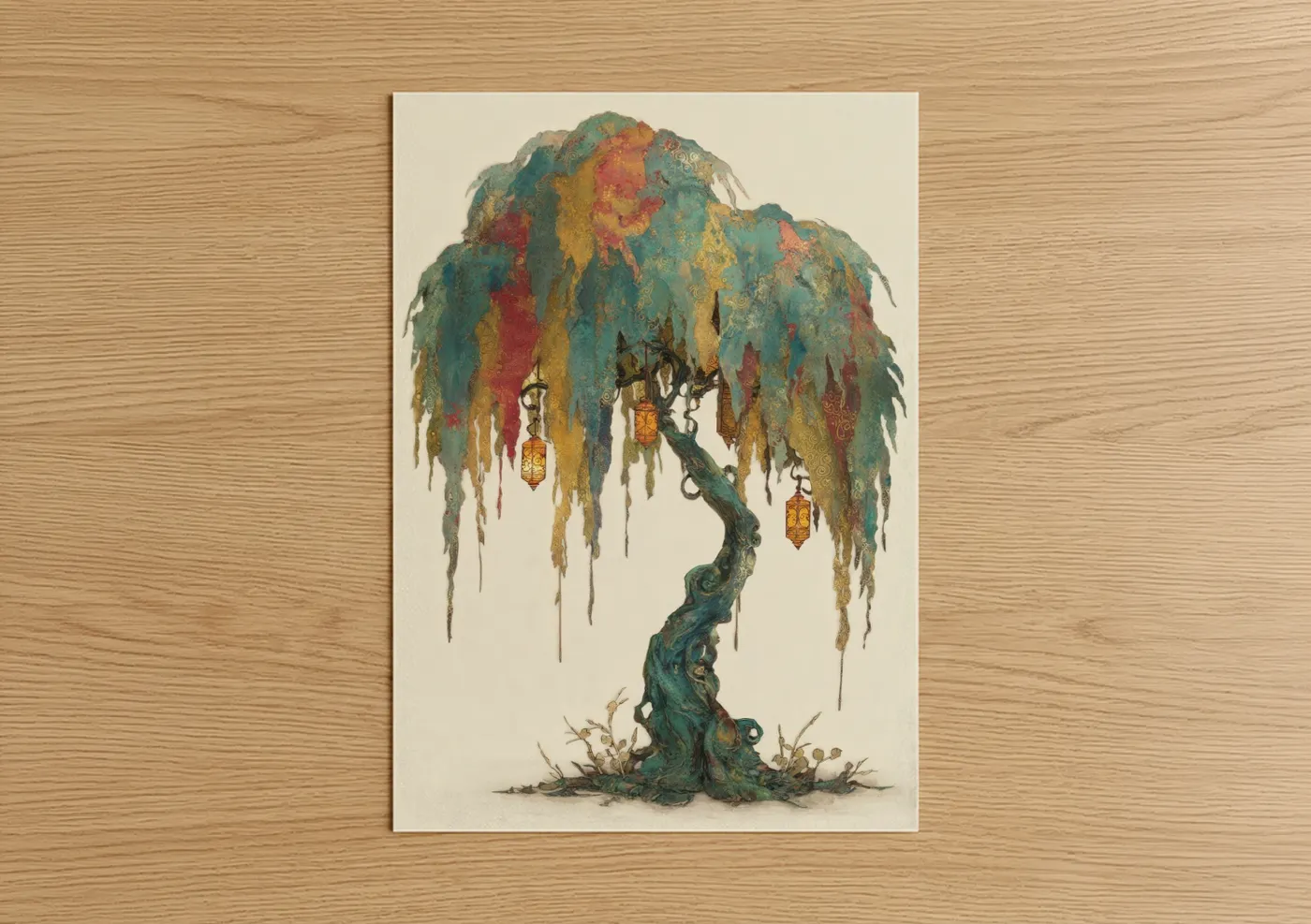 Enchanted Willow Tree with Hanging Lanterns Wall Art