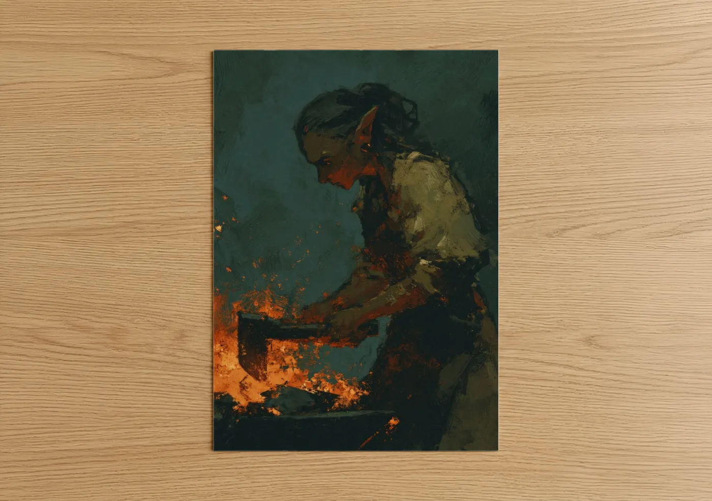 Art print on warm oak wood — dark green and gold palette — Firelit Elf poster
