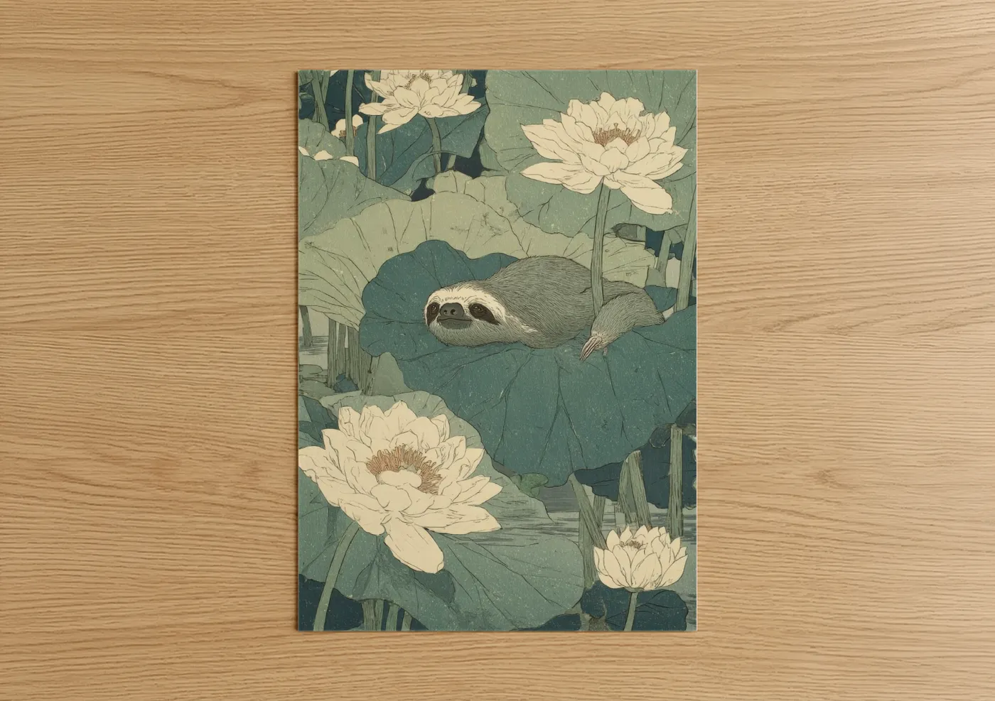 Sloth on Lily Pad Japanese Woodblock Wall Art