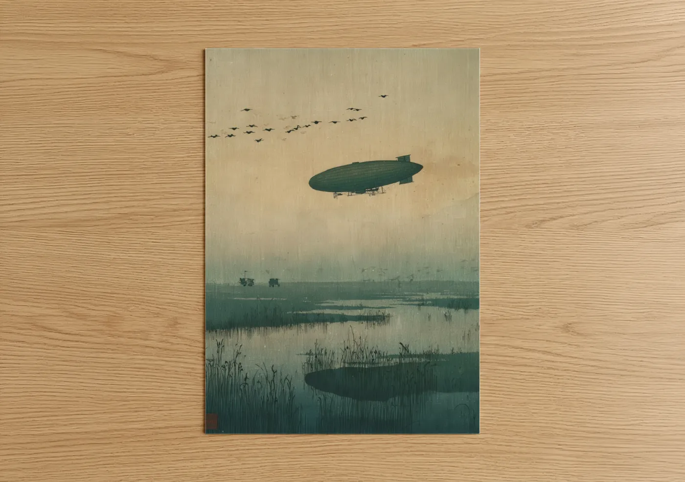 Vintage Airship Over Wetland Watercolor Wall Art