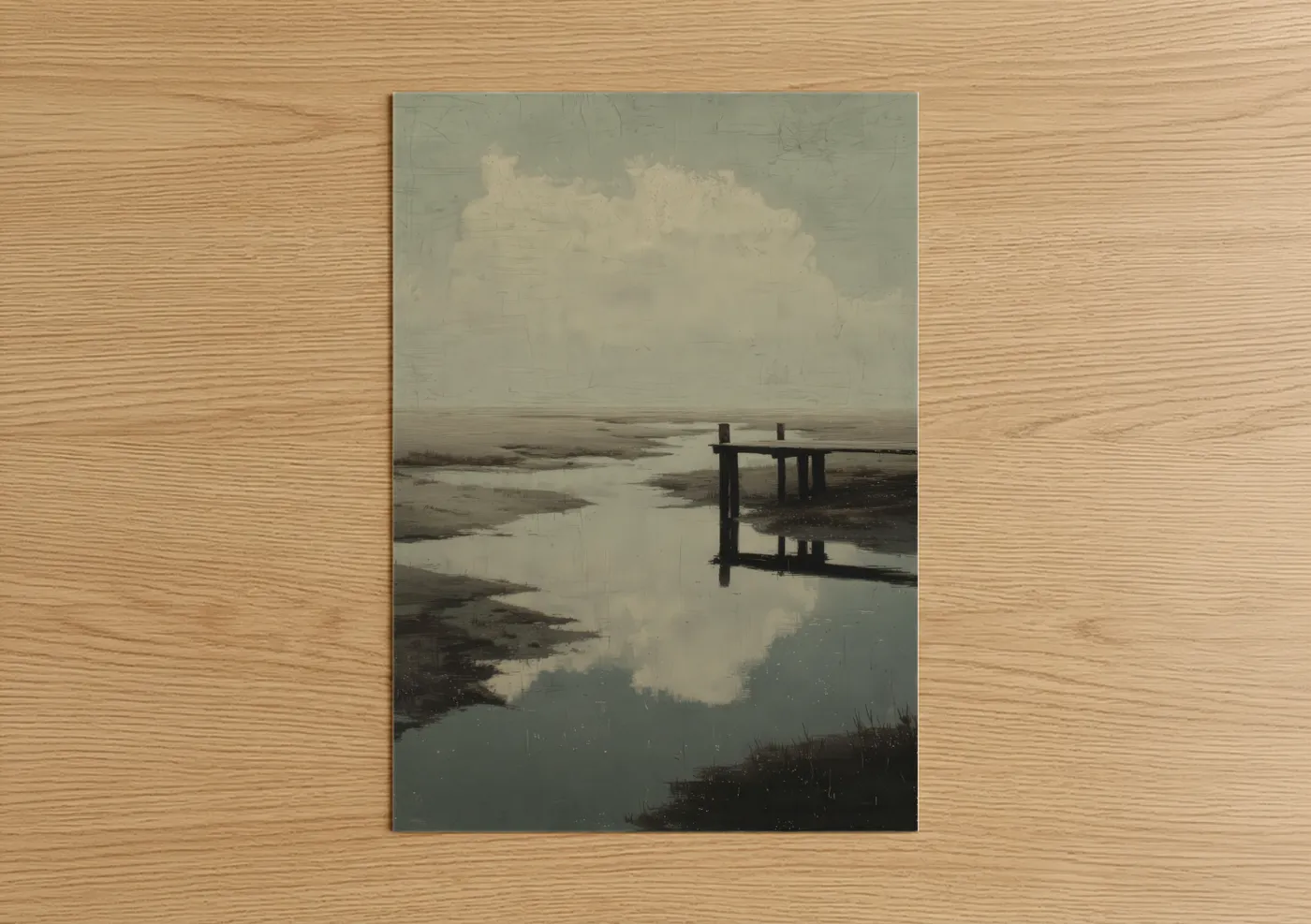 Docks and piers art print on warm oak wood — cream and dove gray palette — Misty Dock Reflection poster