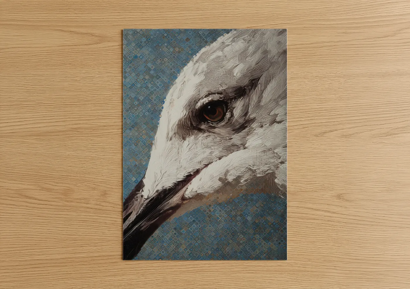 Art print on warm oak wood — blue and white palette — Coastal Seagull poster