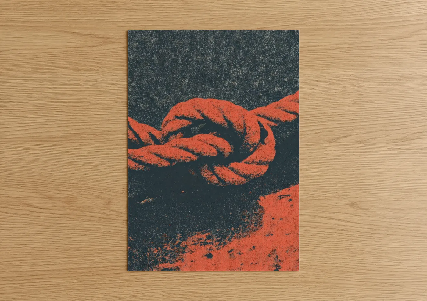 Rope knots art print on warm oak wood — black and red palette — Nautical Rope Knot poster