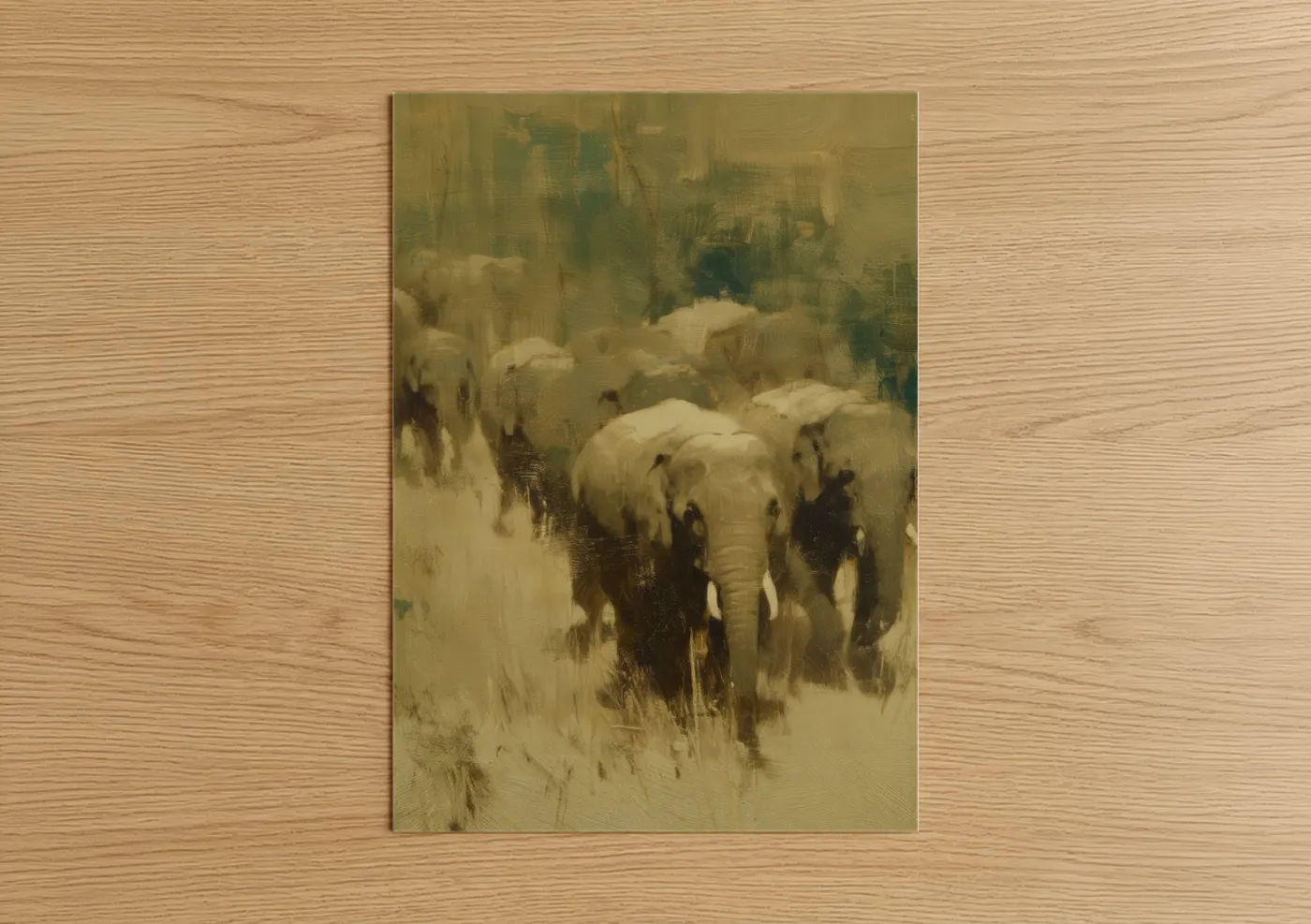 Asian Elephant Herd Misty Landscape Wall Art