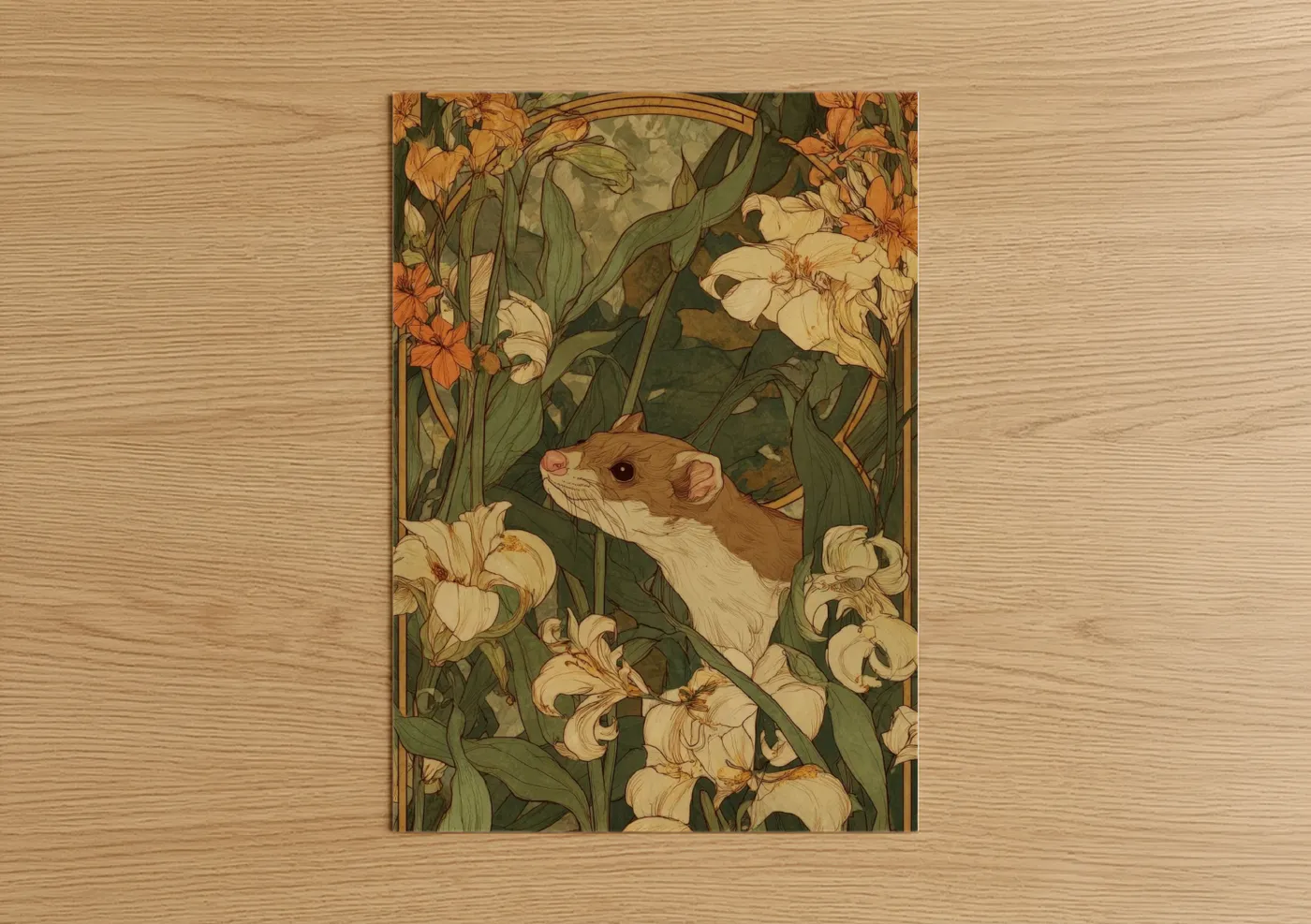 Art print on warm oak wood — gold and sage green palette — Iris Weasel poster