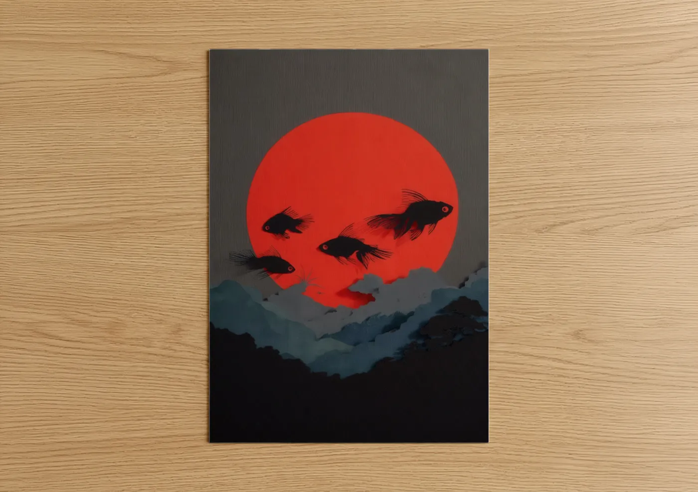 Crimson Moon Goldfish Silhouette Wall Art