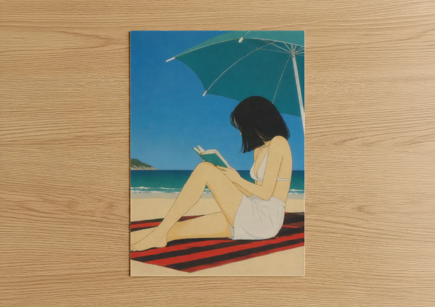 Sandy beach art print on warm oak wood — teal and blue palette — Woman Reading on Beach Wall Art poster
