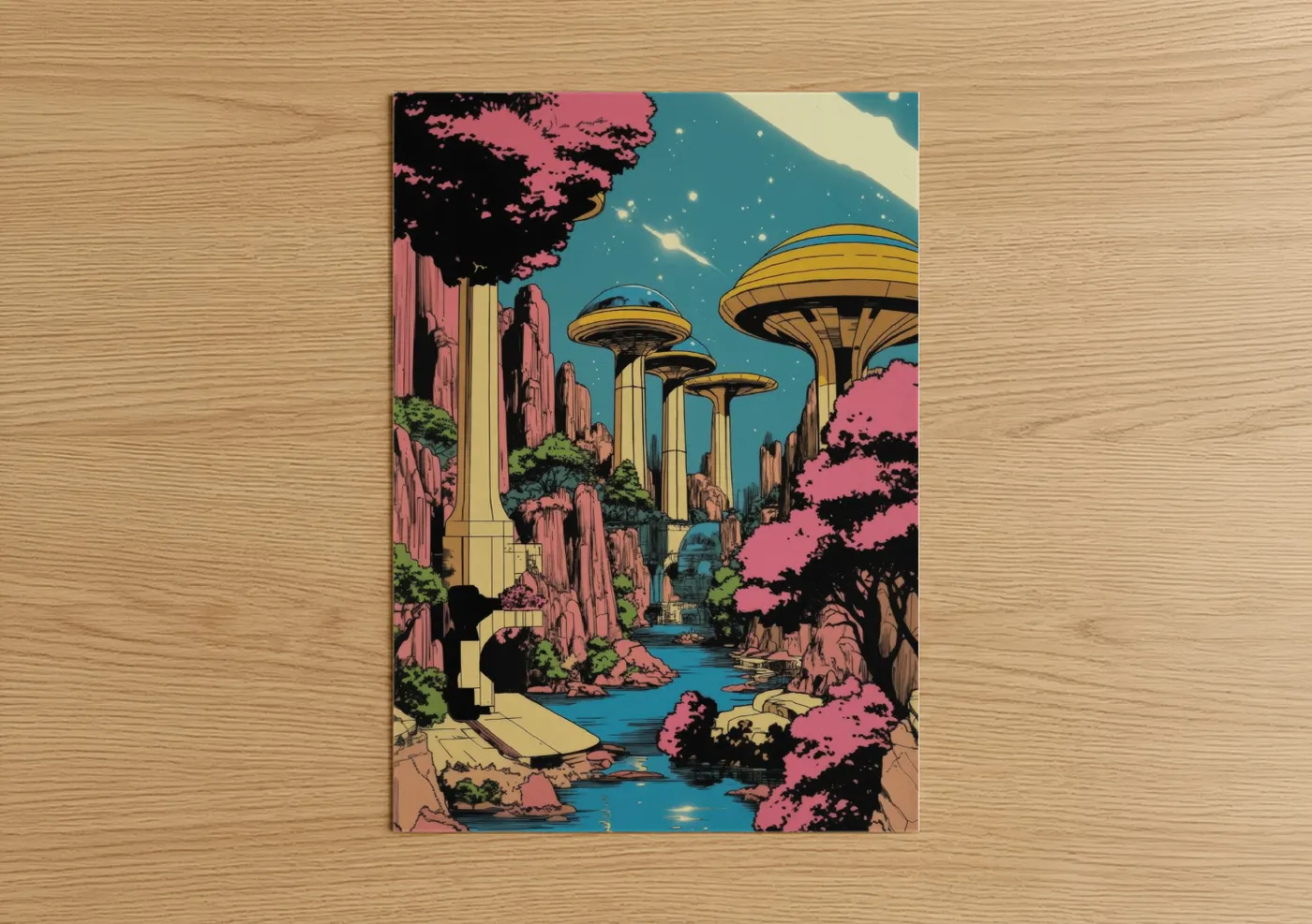 Comic books art print on warm oak wood — blue and gold and pink palette — Retro Sci-Fi Landscape poster