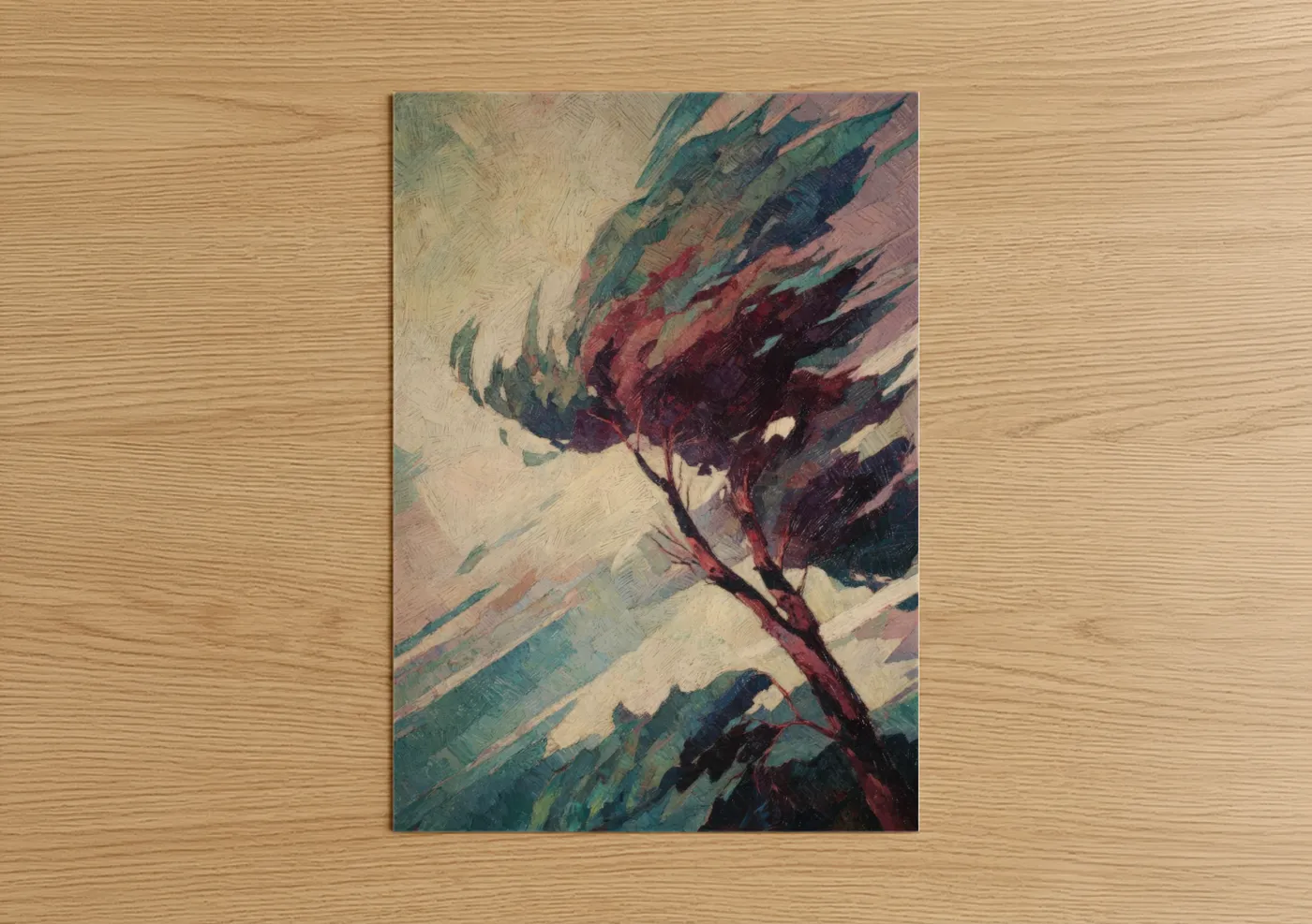Cypress tree art print on warm oak wood — maroon and dark green palette — Windswept Cypress poster
