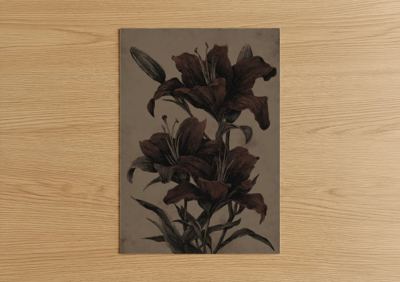 Art print on warm oak wood — maroon and dove gray palette — Moody Lily Study poster