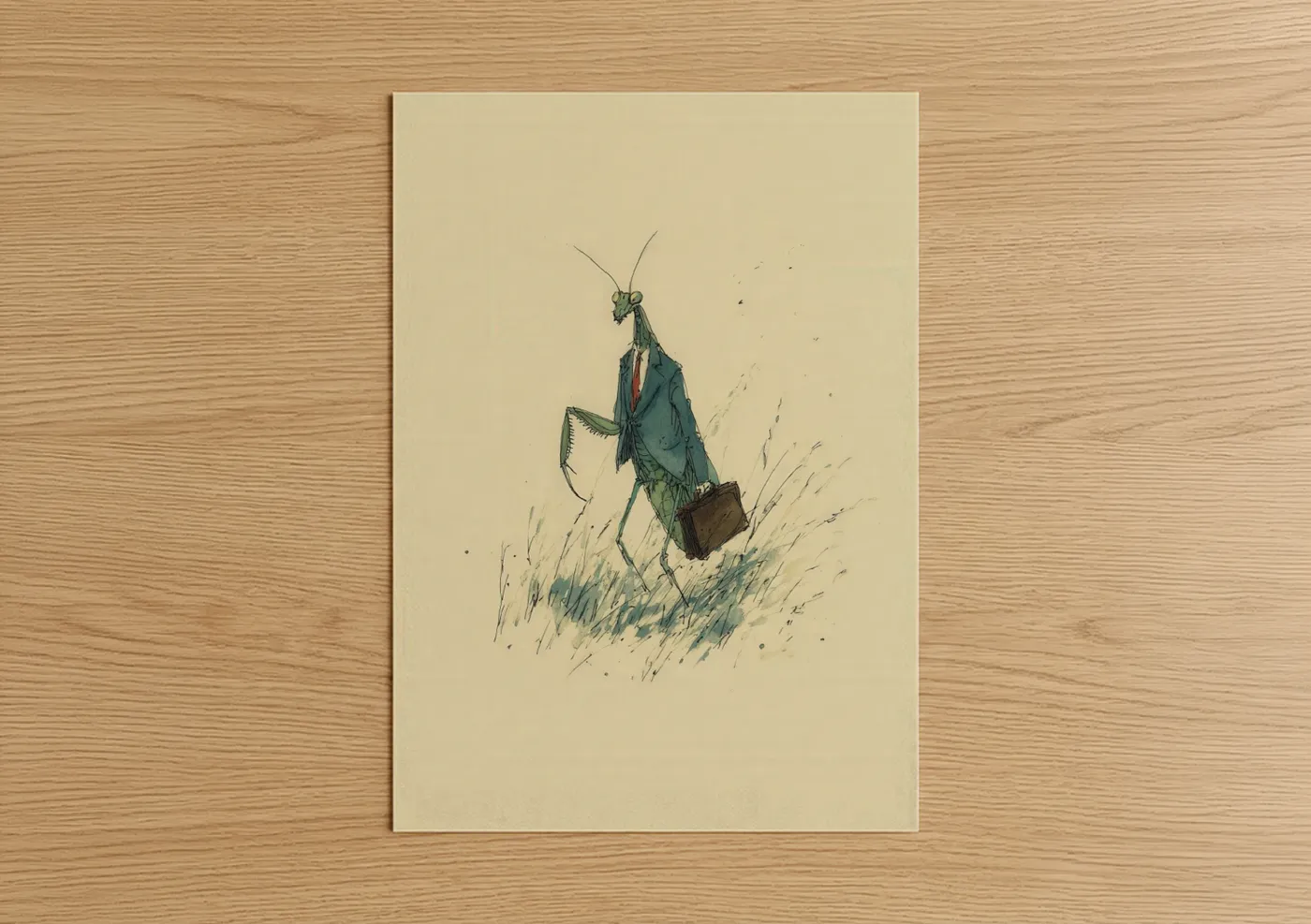 Prayin mantis art print on warm oak wood — sage green and cream palette — Businesslike Mantis poster