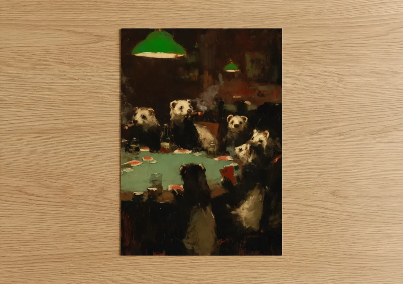 Art print on warm oak wood — brown and gold palette — Poker Ferrets poster