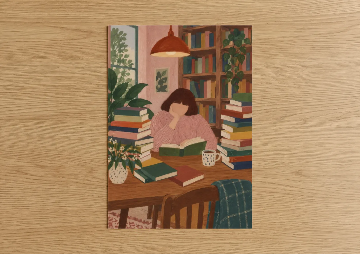 Art print on warm oak wood — peach and true green palette — Reading Nook With Books And Plants Wall Art poster