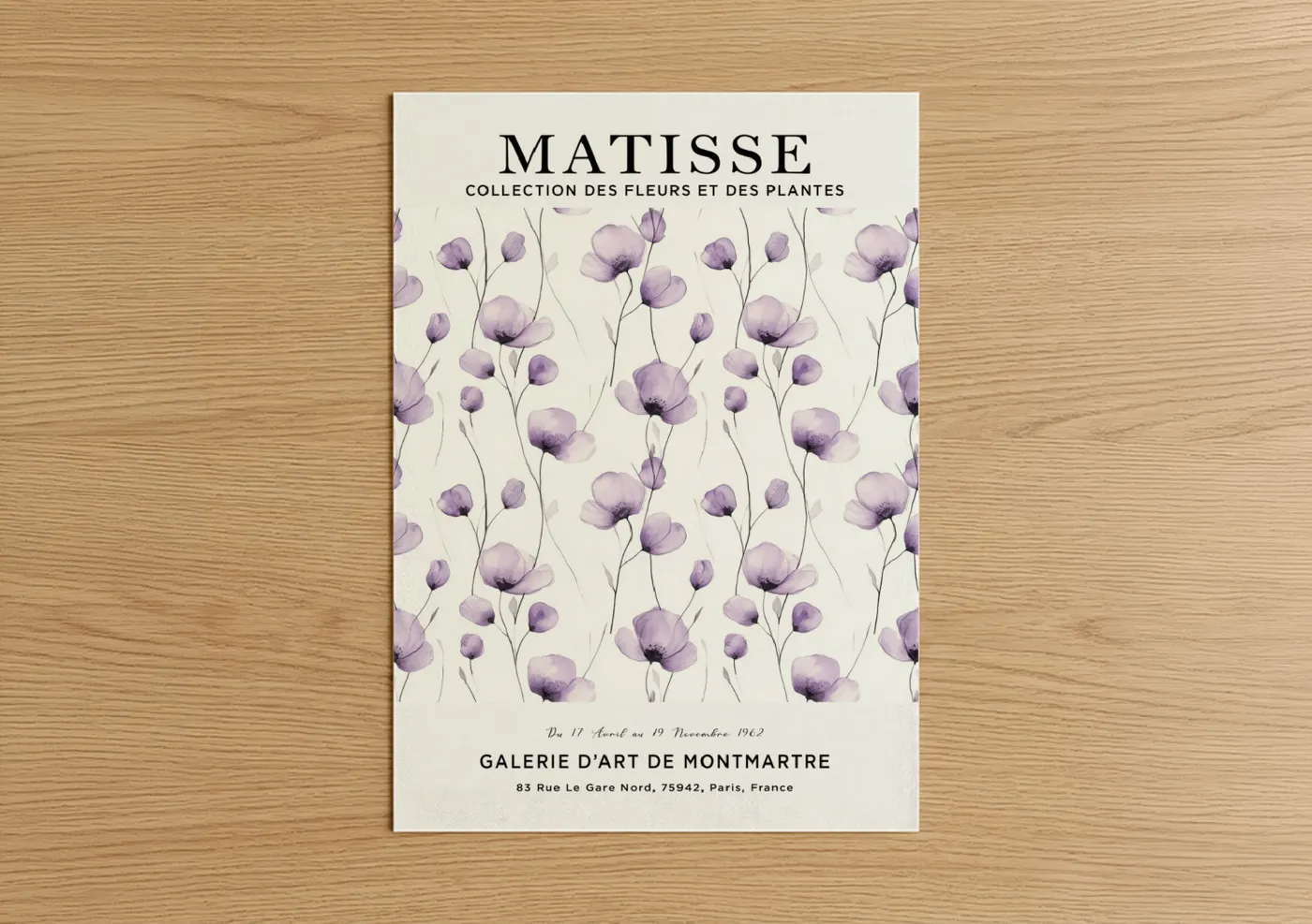 Abstract flower art print on warm oak wood — lavender and cream palette — Purple Matisse Florals poster