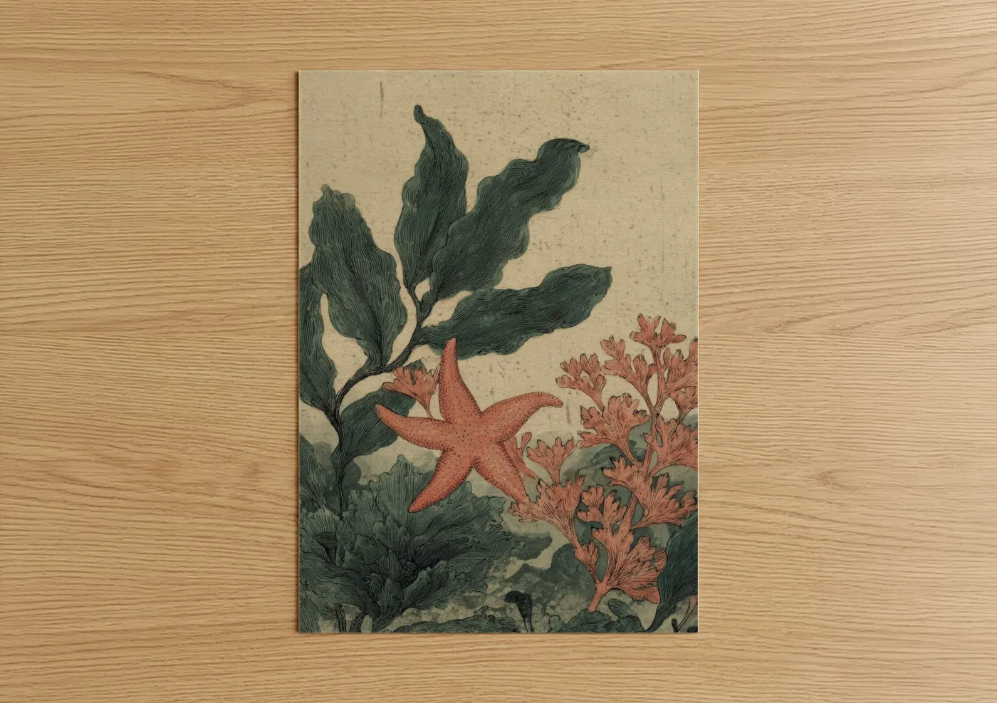 Art print on warm oak wood — cream and dark green palette — Coral Starfish poster