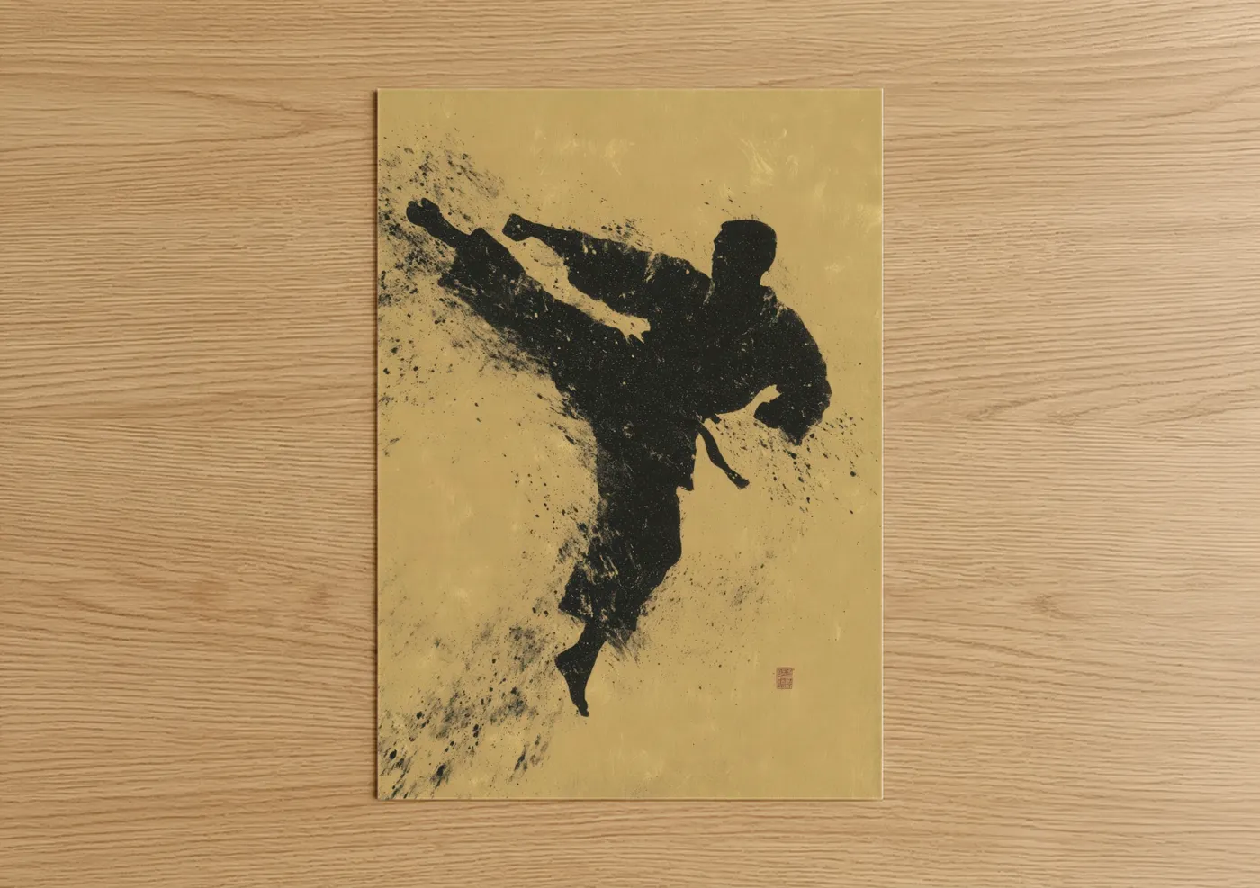 Art print on warm oak wood — black and gold palette — Dynamic Karate Kick poster
