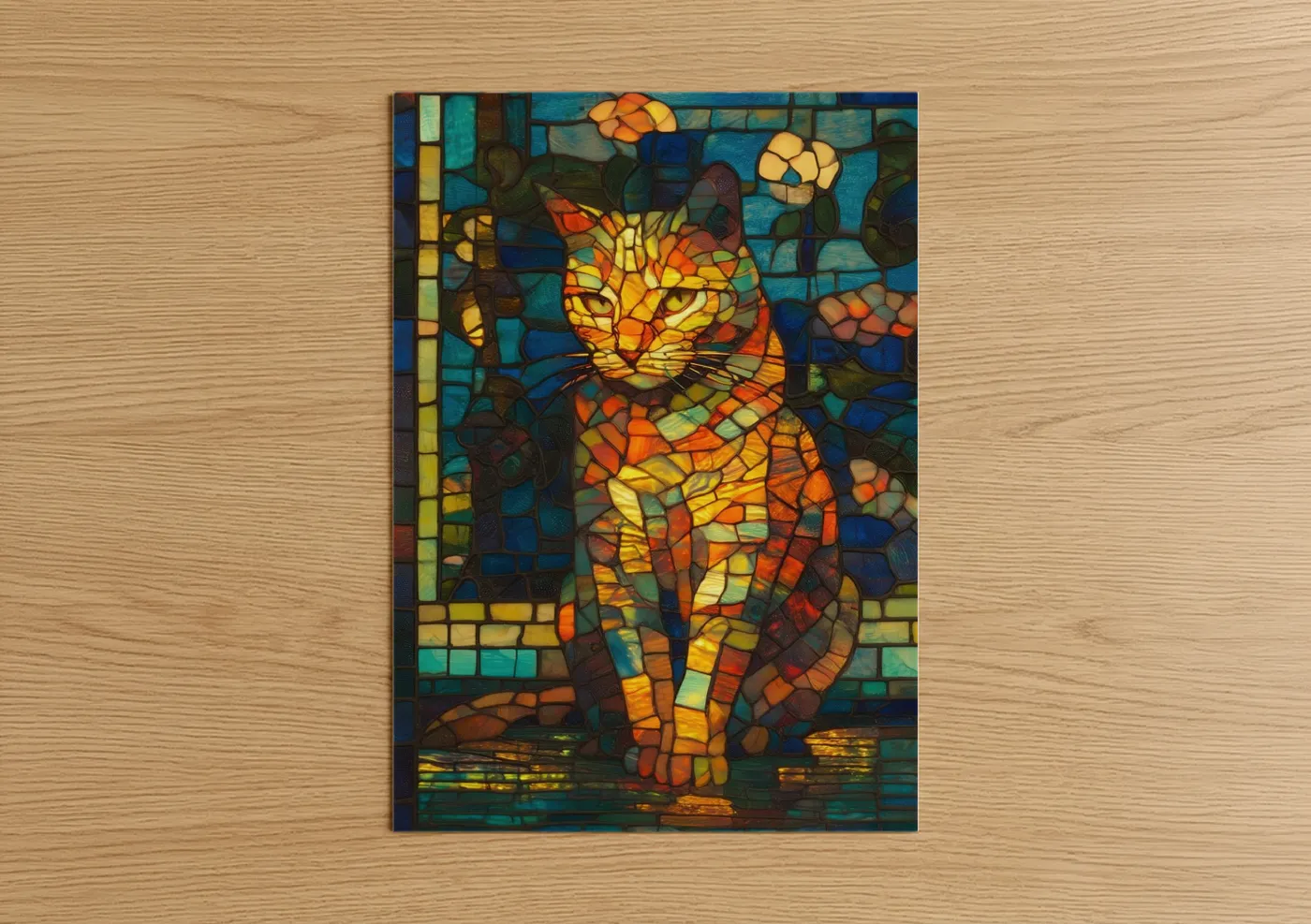 Art print on warm oak wood — gold and blue palette — Golden Mosaic Cat poster