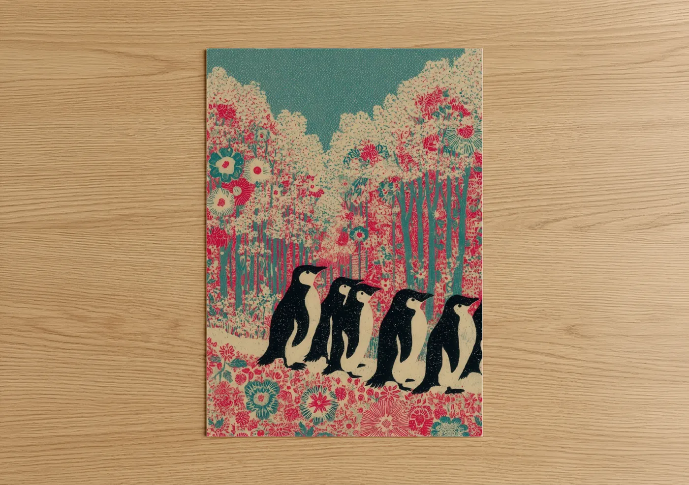 Penguin Flower Field Illustration Wall Art