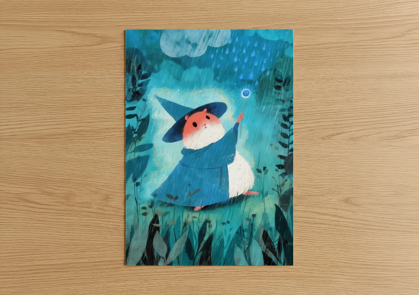 Art print on warm oak wood — blue and teal palette — Rainy Day Hamster poster