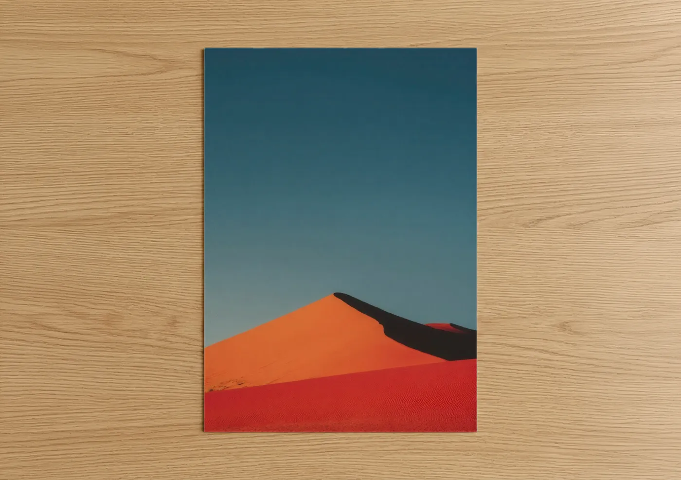 Art print on warm oak wood — orange and red palette — Crimson Dune poster