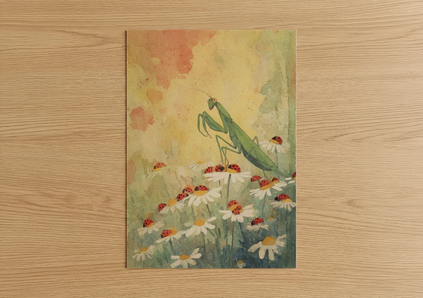 Prayin mantis art print on warm oak wood — cream and light green palette — Mantis Among Daisies poster