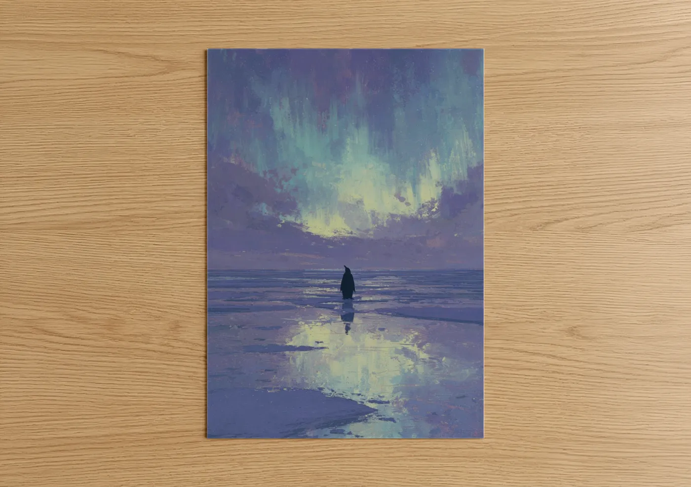 Solitary Penguin Aurora Reflection Wall Art