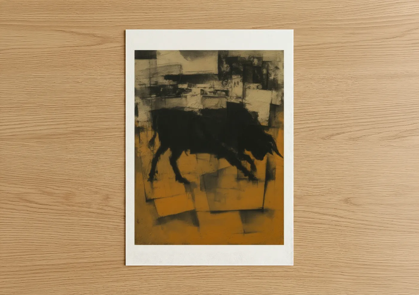 Art print on warm oak wood — gold and black palette — Golden Bull Abstraction poster