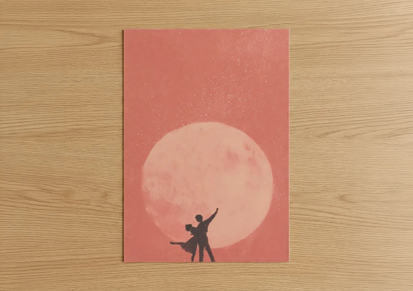 Valentine's day art print on warm oak wood — salmon pink and peach palette — Moonlit Romance poster