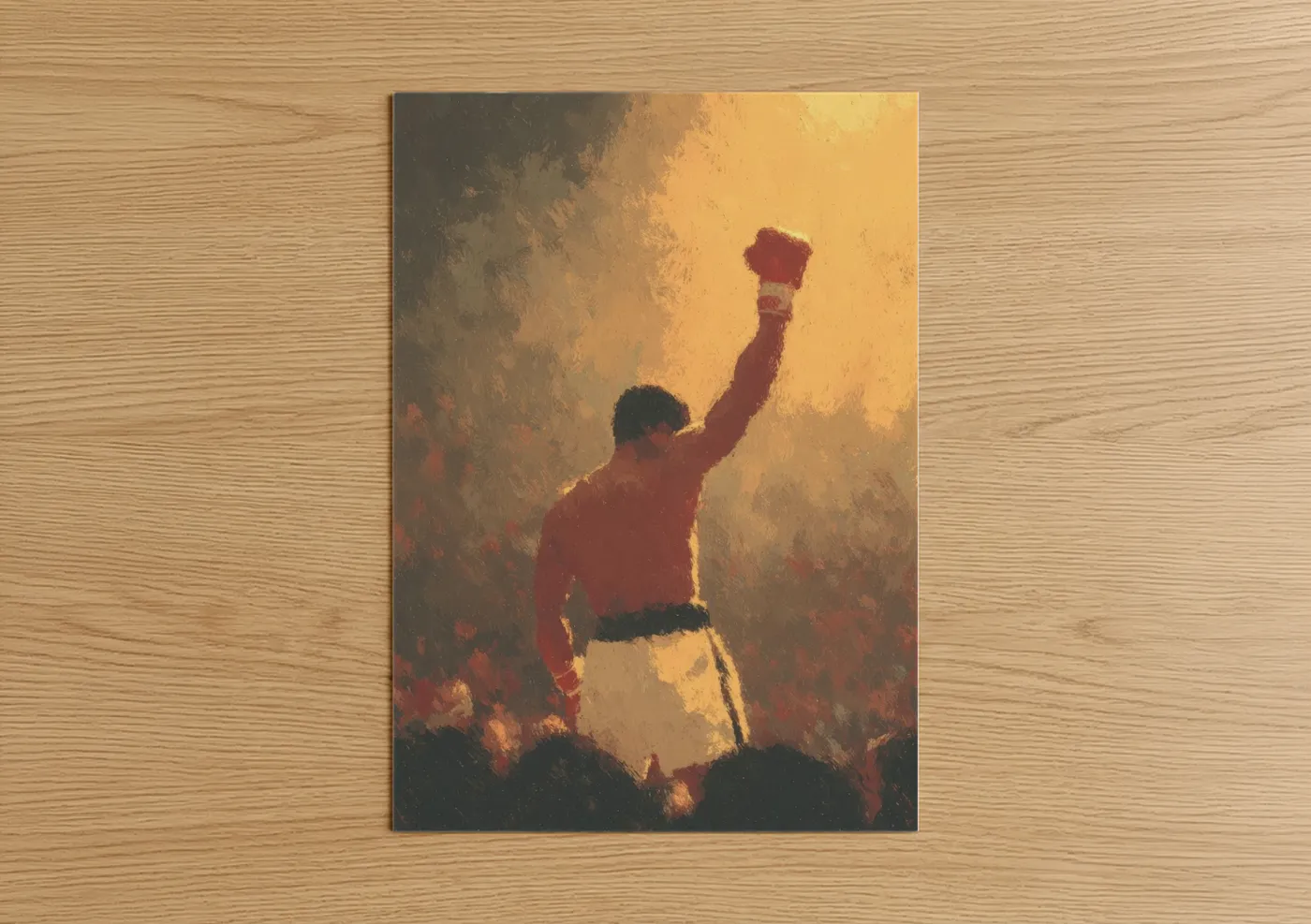 Boxing art print on warm oak wood — gold and red palette — Victory Stance poster