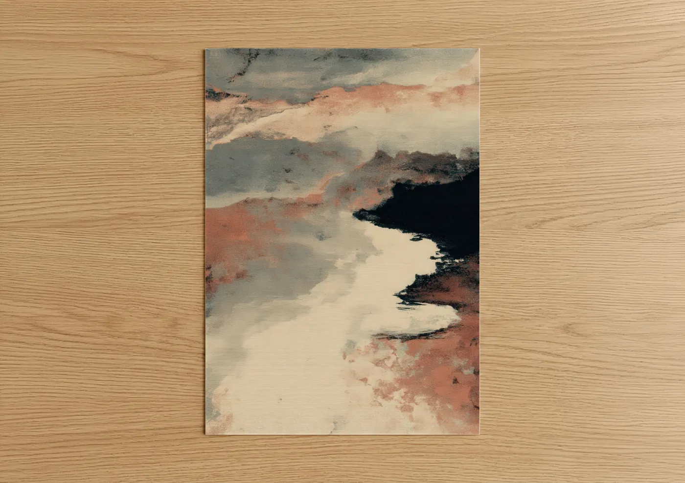 Natural stones art print on warm oak wood — peach and gray palette — Terracotta Waterways poster