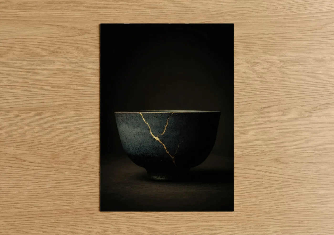 Pottery art print on warm oak wood — black and gold palette — Kintsugi Bowl poster