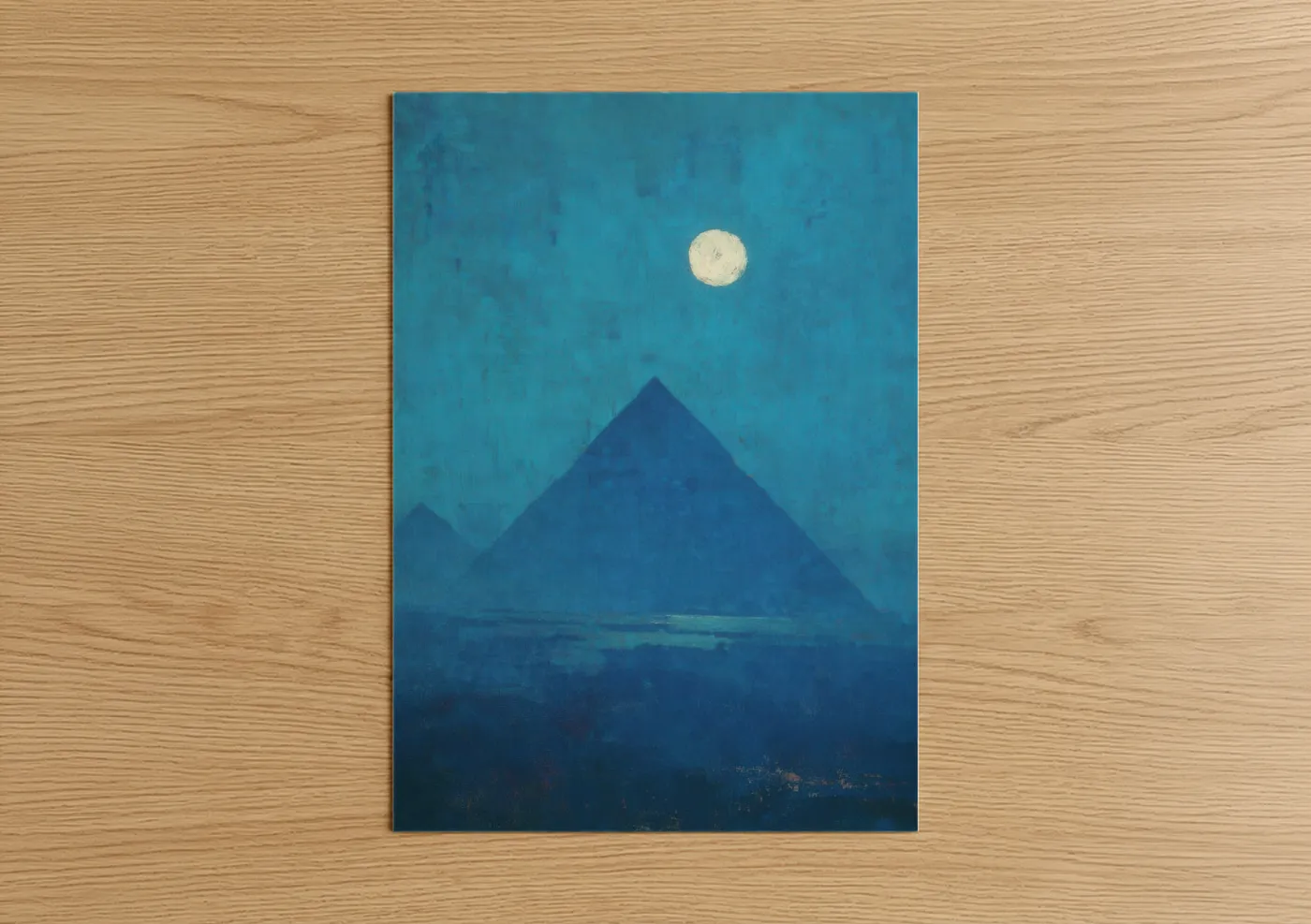 Great pyramid of giza art print on warm oak wood — dark blue and teal palette — Moonlit Pyramid poster