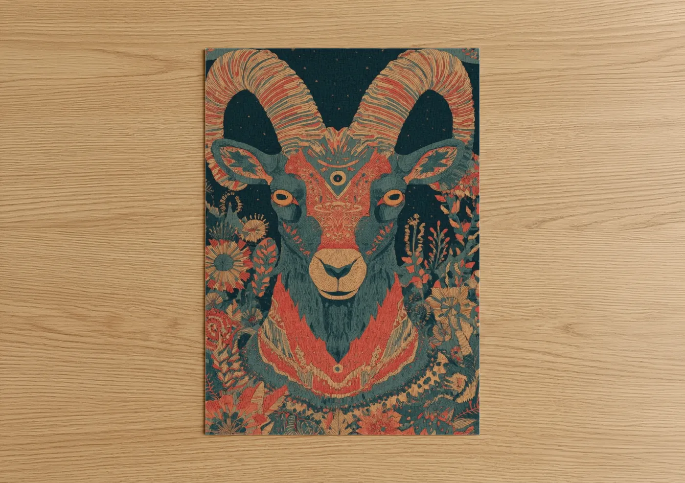 Art print on warm oak wood — teal and orange palette — Ornamental Capricorn poster