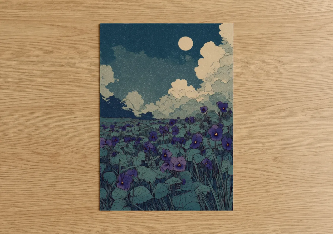 Art print on warm oak wood — dark blue and purple palette — Moonlit Violets poster