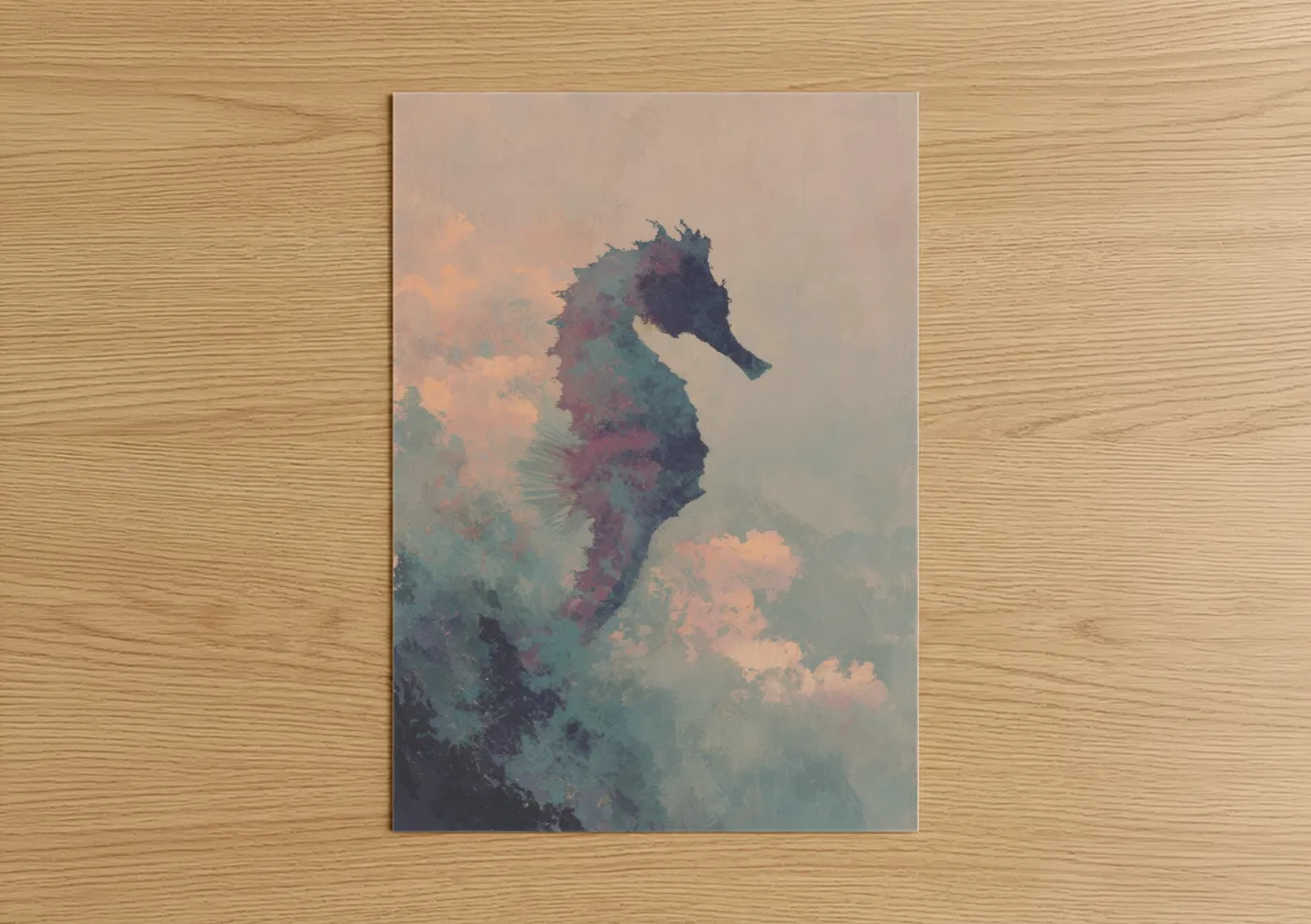 Art print on warm oak wood — teal and peach palette — Ethereal Sea Horse poster