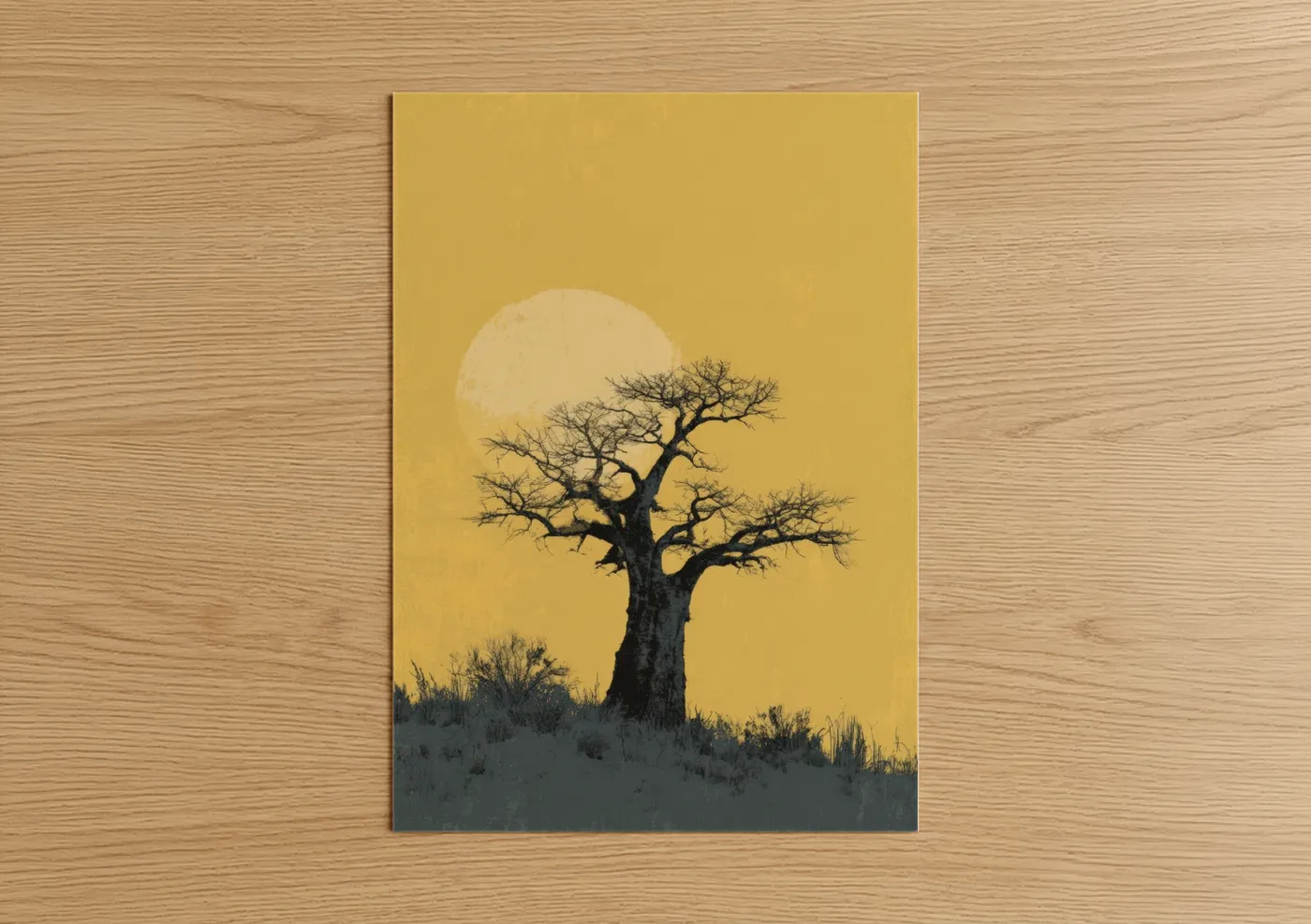 Baobab tree art print on warm oak wood — yellow gold and black palette — Golden Baobab poster