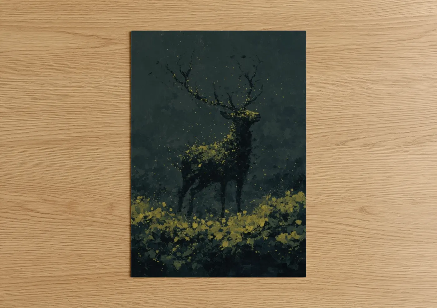 Golden Fireflies Deer Mystical Wall Art