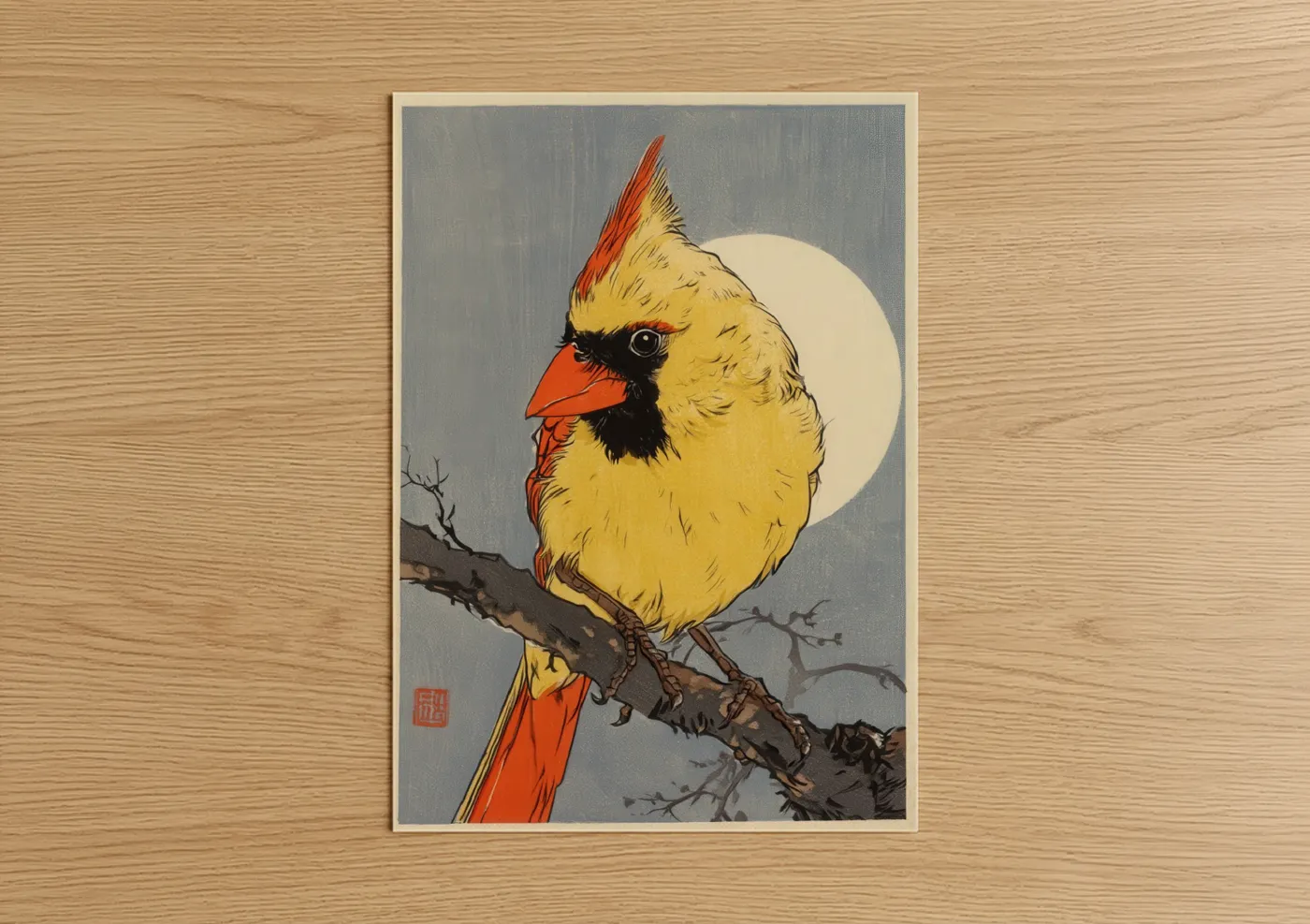 Art print on warm oak wood — yellow gold and red palette — Golden Cardinal poster