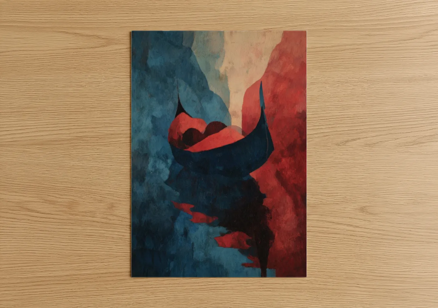 Art print on warm oak wood — red and black and gold palette — Crimson Gondola poster