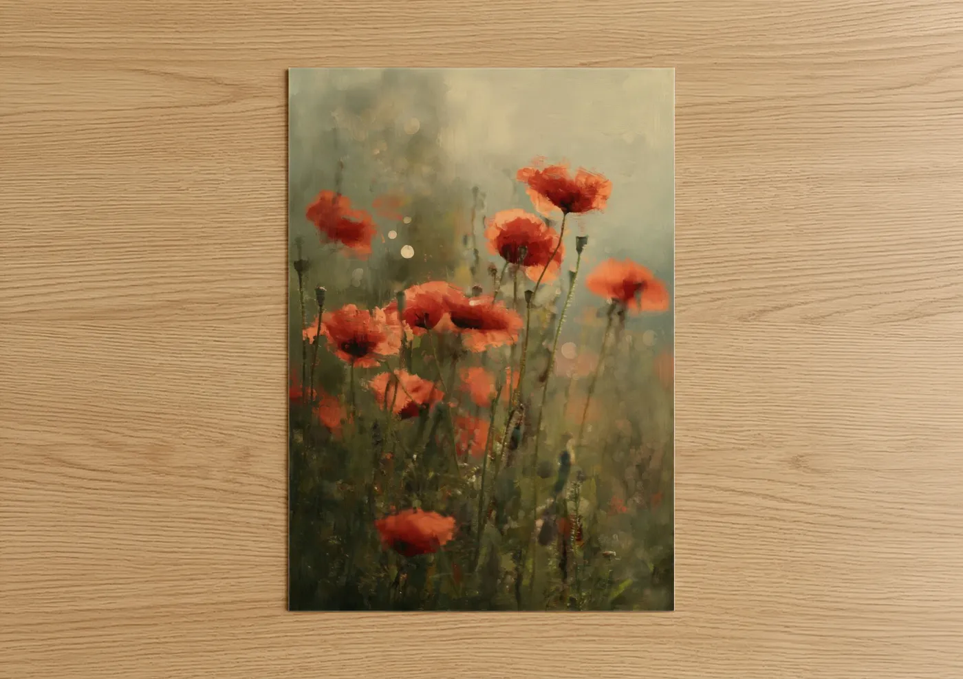 Art print on warm oak wood — cream and red palette — Spring Poppies poster