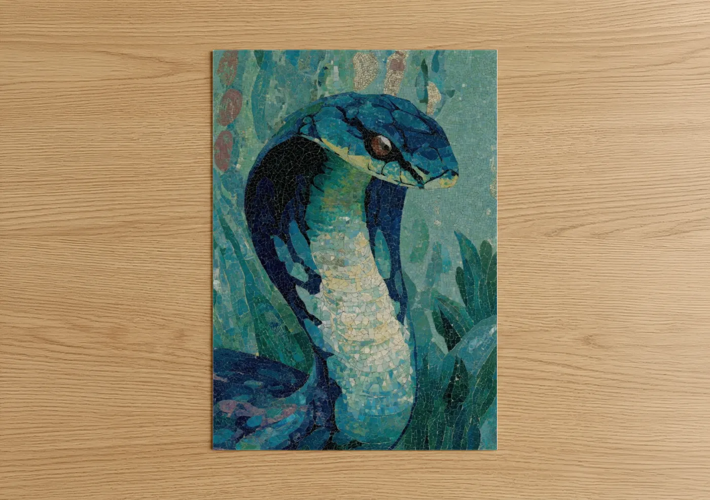 Art print on warm oak wood — blue and teal palette — Turquoise Cobra poster