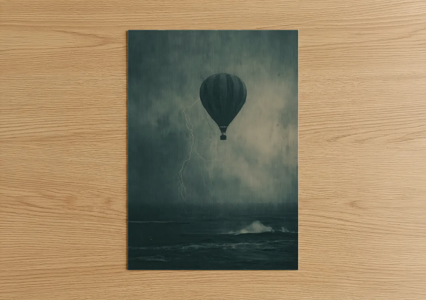 Hot air baloon art print on warm oak wood — dark blue and gray palette — Stormy Ascent poster
