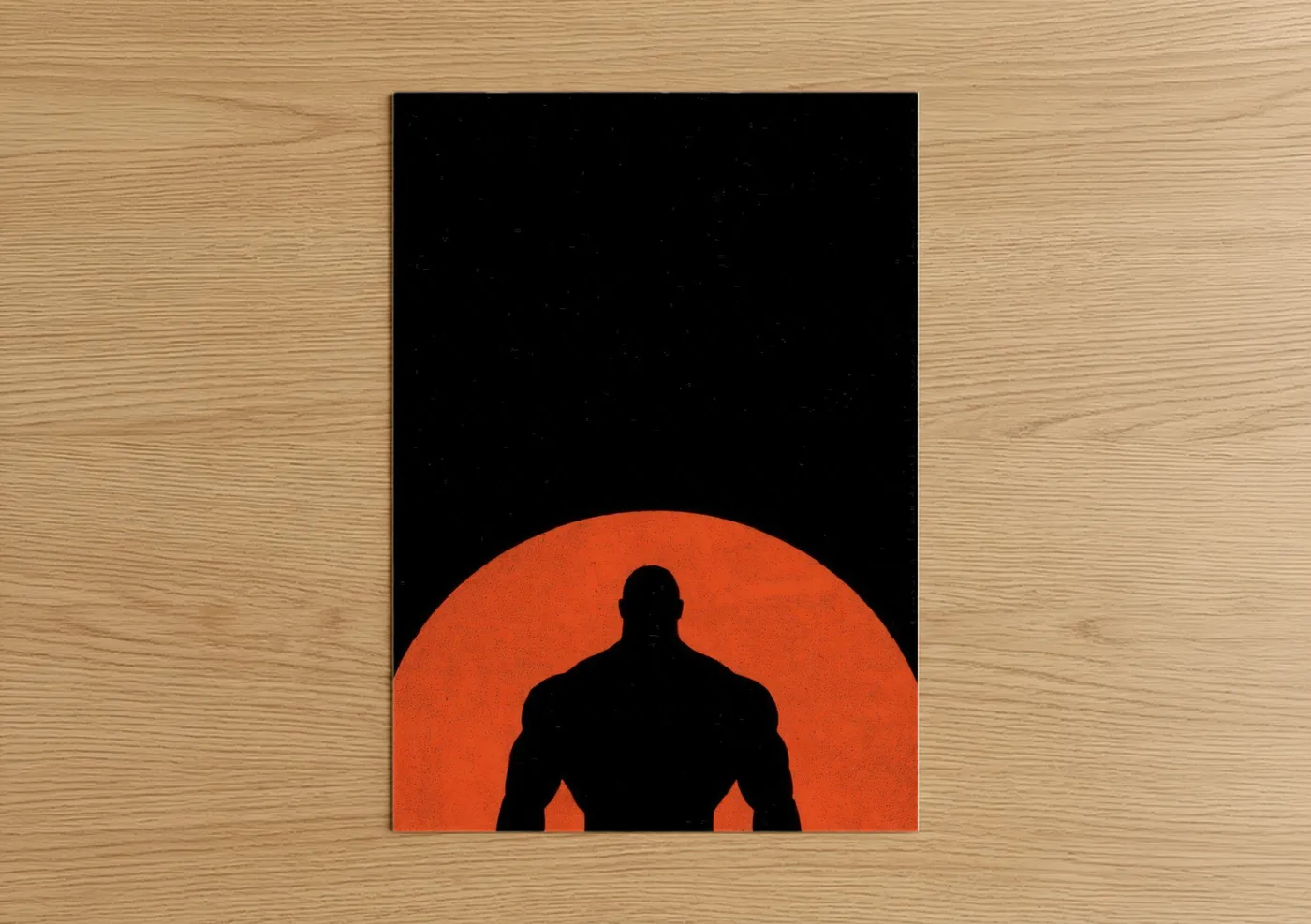 Bodybuilding art print on warm oak wood — black and pumpkin palette — Strength Silhouette poster